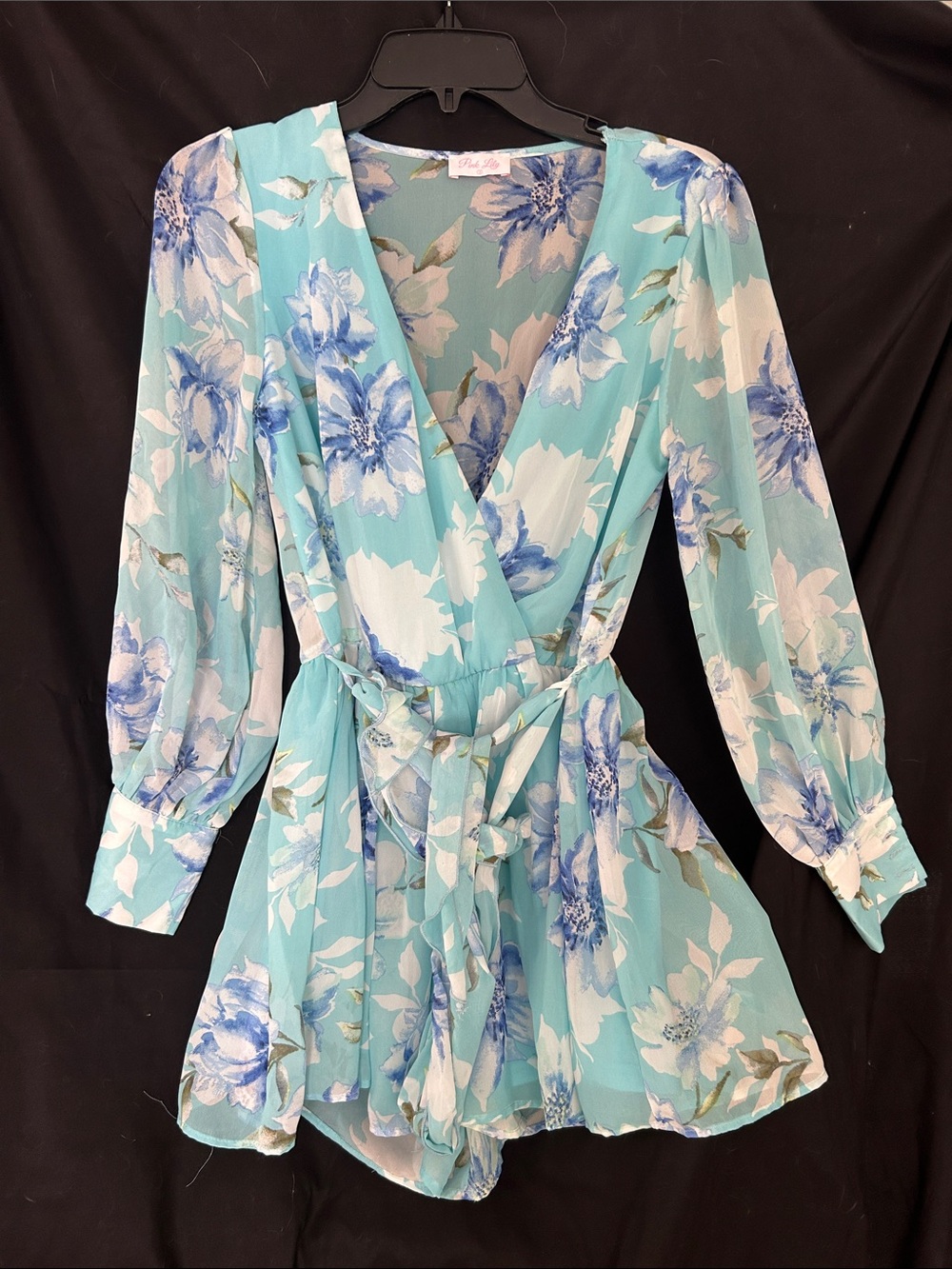 🟦 NEW! Pink Lily Aqua Floral Wrap Romper